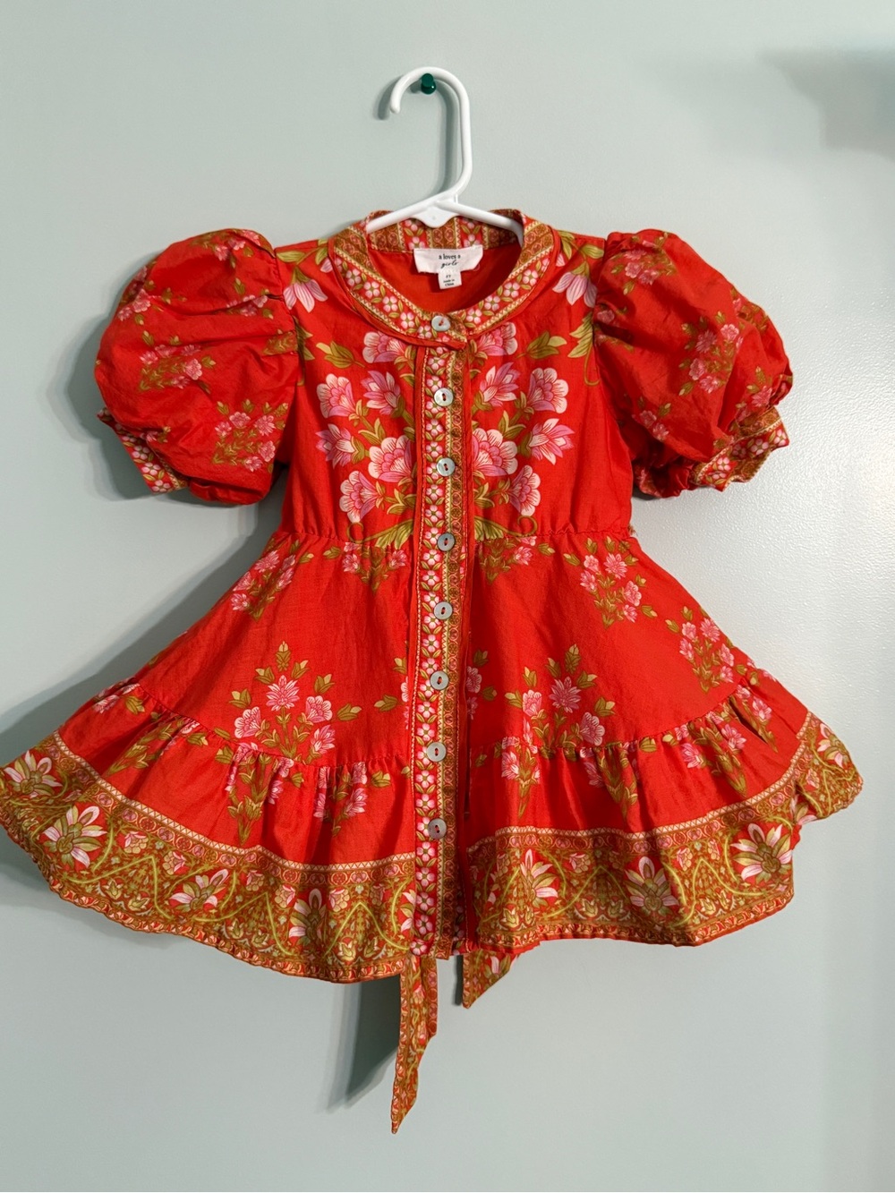 A Loves A Girls 2T Boho Floral Puff Sleeve Tiered Button Down Dress Red